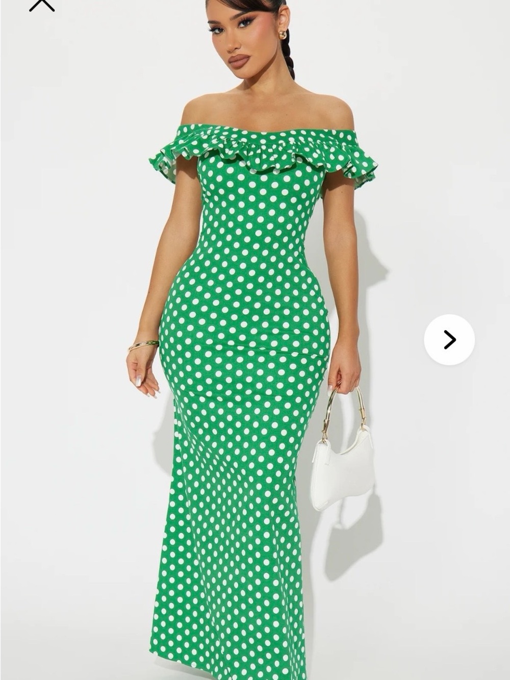 Off-Shoulder Green Polka Dot Maxi Dress